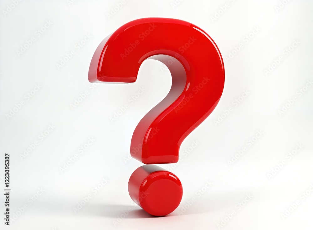 Large bright red question mark symbol stands out against white background. 3D icon. Question mark symbol highlights unknown. Creative design. Illustrates doubt. Problem solving concept. Modern Large bright red question mark symbol stands out against white background. 3D icon. Question mark symbol highlights unknown. Creative design. Illustrates doubt. Problem solving concept. Modern