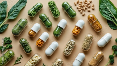 A collection of colorful herbal capsules arranged with fresh greens and seeds, highlighting natural health and wellness.