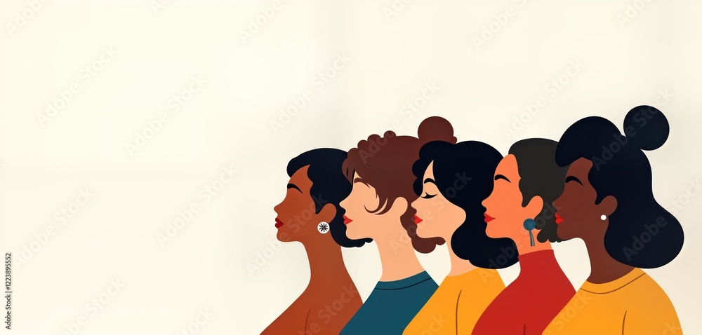 Fototapeta premium Diverse women stand together in profile view. Multiracial group shows unity, support. Illustration celebrates International Women Day. Stylish women wear colorful clothes. Image ideal for various