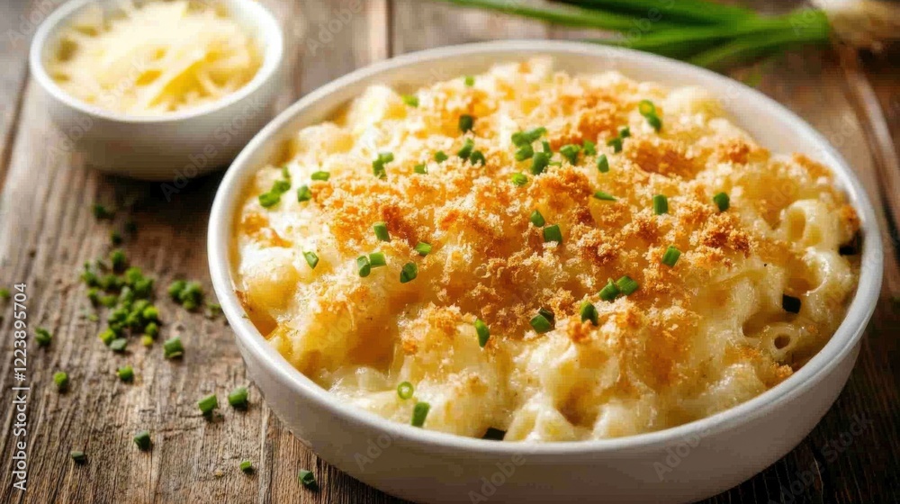 A comforting and creamy mac and cheese with a golden breadcrumb topping and gooey cheese, served in a white ceramic dish, Mac and cheese centered A comforting and creamy mac and cheese with a golden breadcrumb topping and gooey cheese, served in a white ceramic dish, Mac and cheese centered