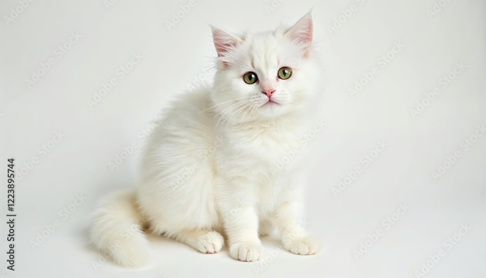Obraz premium Adorable White Fluffy Kitten Sitting on White Background