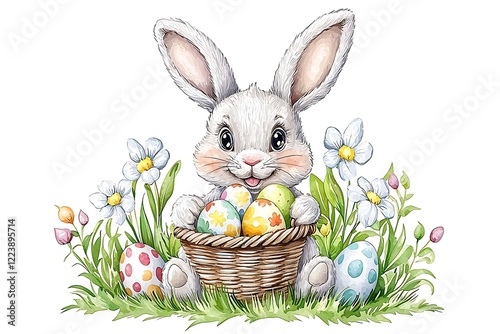 Easter day celebration with watercolor style bunny and eggs in a meadow whimsical art photo