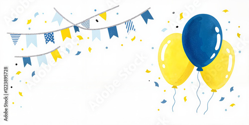Swedish traditional student celebration card with yellow and blue balloons, flags, and confetti, perfect for 'Studenten' graduation or festive designs, featuring a minimalist watercolor style.