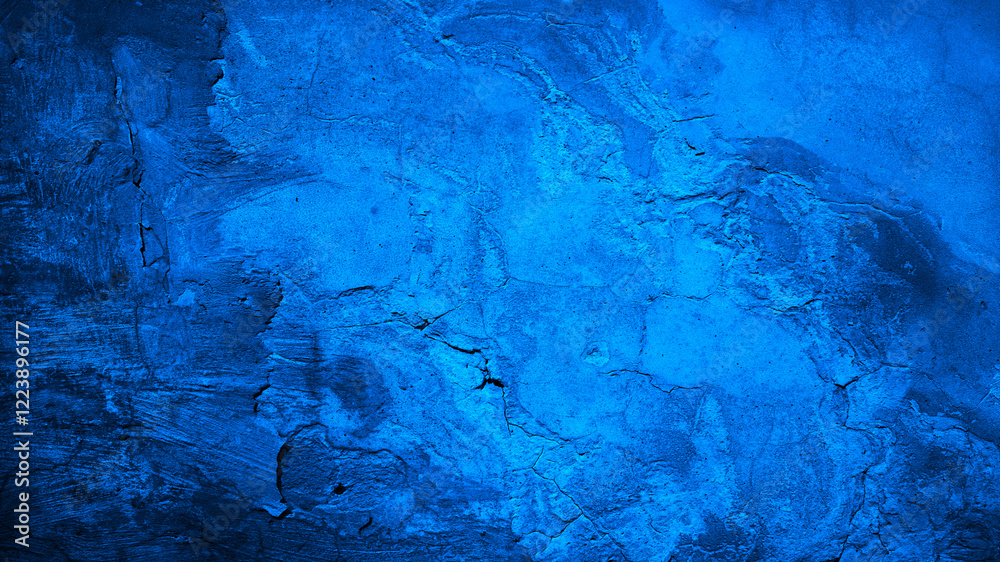 Black cobalt blue concrete wall surface. Grunge texture background. Close-up. Paint. Crack old rough broken damaged crumbled. Dark light. Building facade exterior.