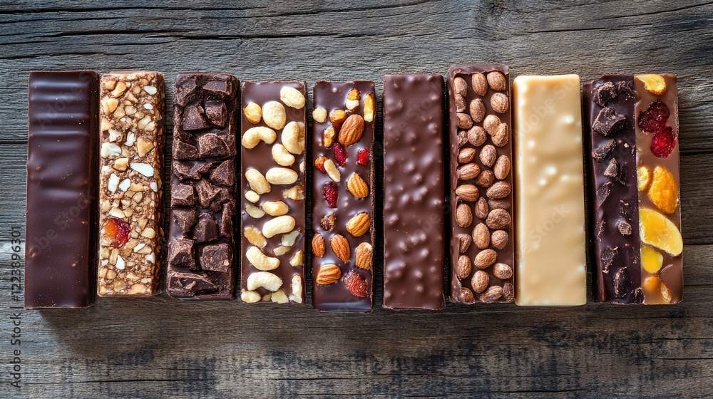 A variety of chocolate bars with fillings like caramel, nuts, and fruit, beautifully arranged on a wooden surface A variety of chocolate bars with fillings like caramel, nuts, and fruit, beautifully arranged on a wooden surface