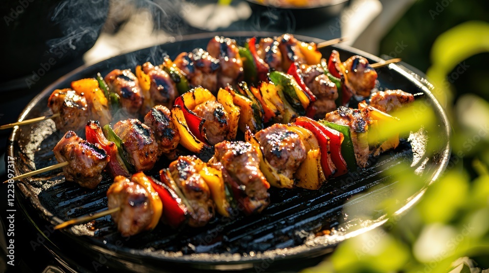 A plate of perfectly grilled barbecue skewers, golden brown and ready to eat