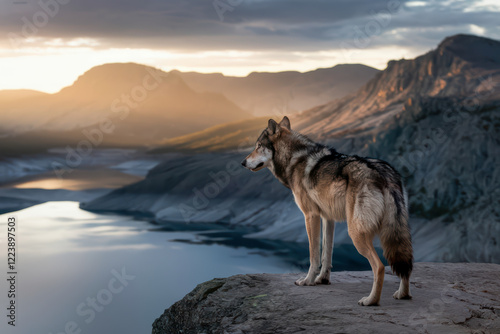 Wolf silhouetted against a breathtaking sunset over a mountain lake.