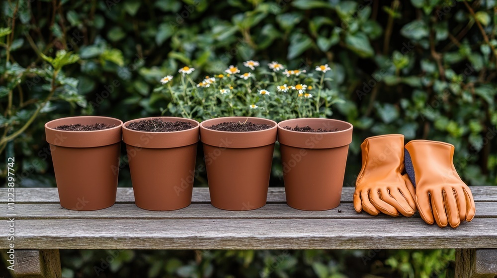 A set of gardening supplies, including pots, soil, and gloves, arranged on a garden bench