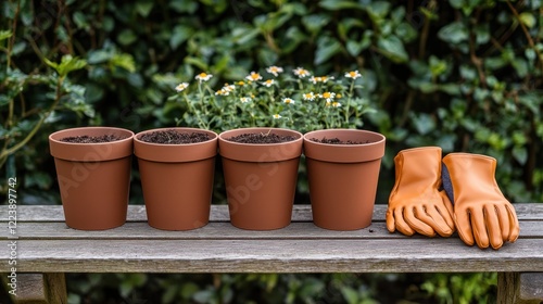 Obraz na płótnie A set of gardening supplies, including pots, soil, and gloves, arranged on a garden bench w salonie