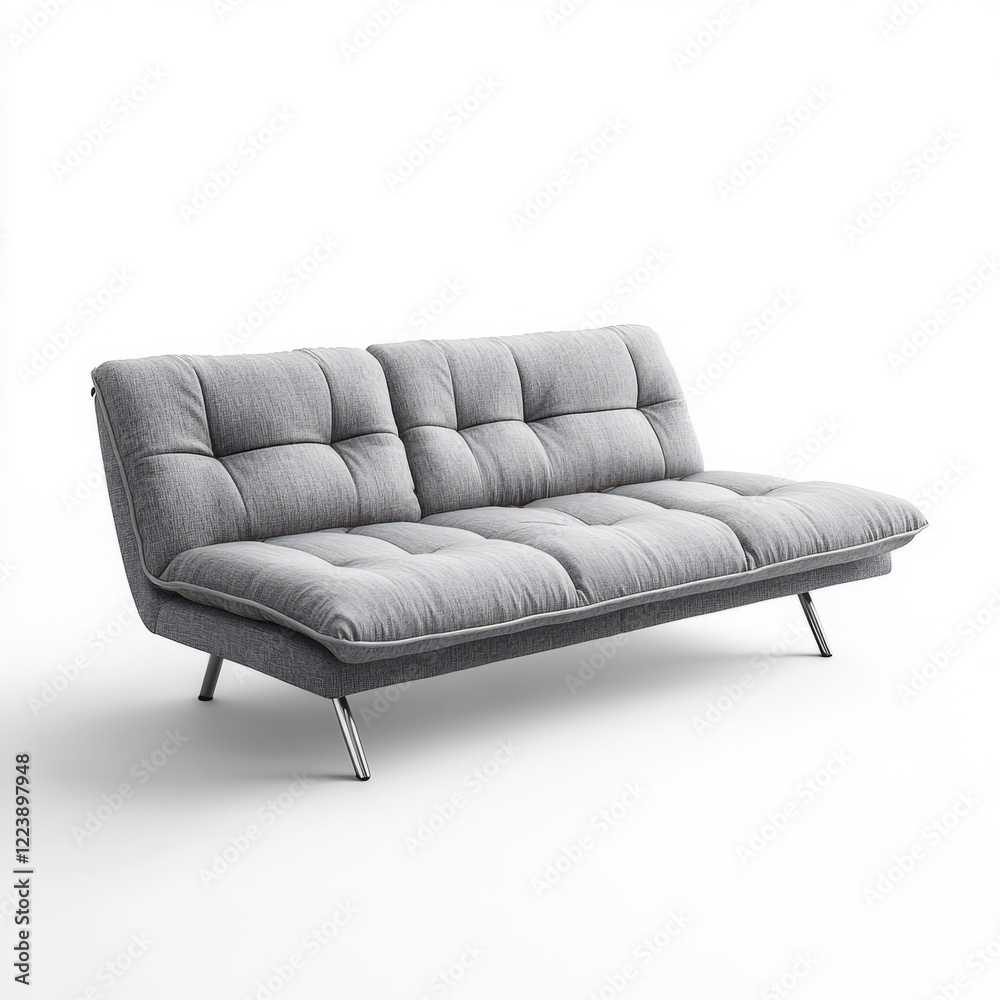 Fototapeta premium Modern gray futon sofa with tufted cushions and sleek metal legs.