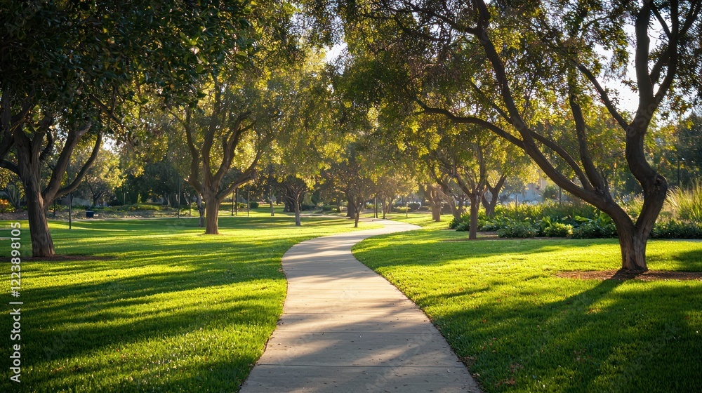 A spacious park with lush green grass and trees lining the pathways