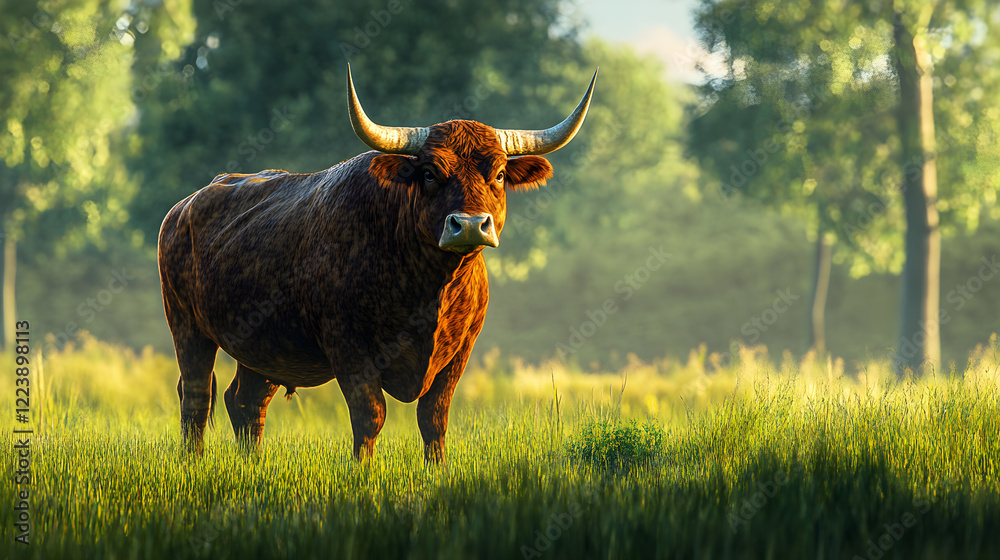 Majestic Ox in Serene Pastoral Landscape with Lush Green Surroundings Majestic Ox in Serene Pastoral Landscape with Lush Green Surroundings