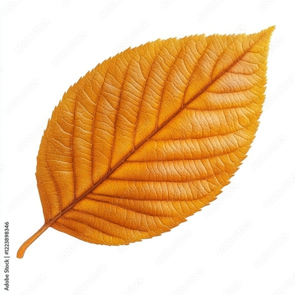 Obraz premium Single, golden autumn leaf isolated on white.