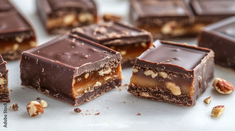 Close-up of a sweet chocolate bar broken into squares, revealing layers of caramel and crunchy nuts inside on a clean white background Close-up of a sweet chocolate bar broken into squares, revealing layers of caramel and crunchy nuts inside on a clean white background