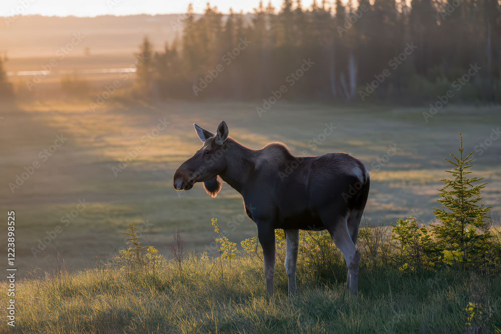 Moose silhouetted against a sunset in a meadow. Moose silhouetted against a sunset in a meadow.