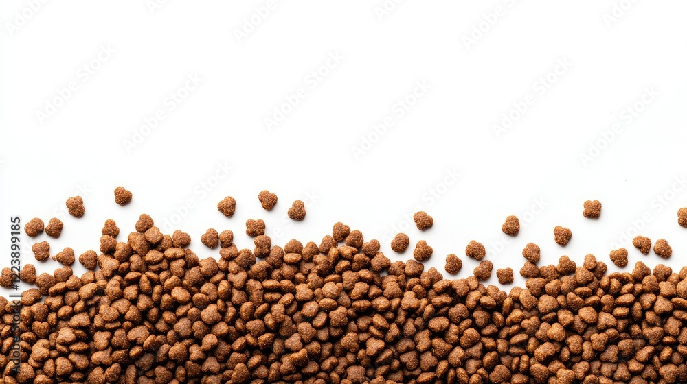 Close-up of kibble texture in a large pile of dry dog food, placed against a seamless white background Close-up of kibble texture in a large pile of dry dog food, placed against a seamless white background