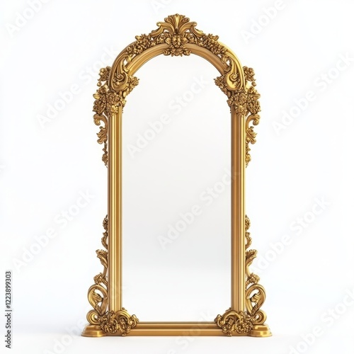 Ornate gold mirror with a regal arched frame.