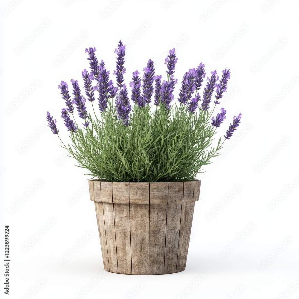 Obraz premium Lavender plant in a rustic wooden pot.