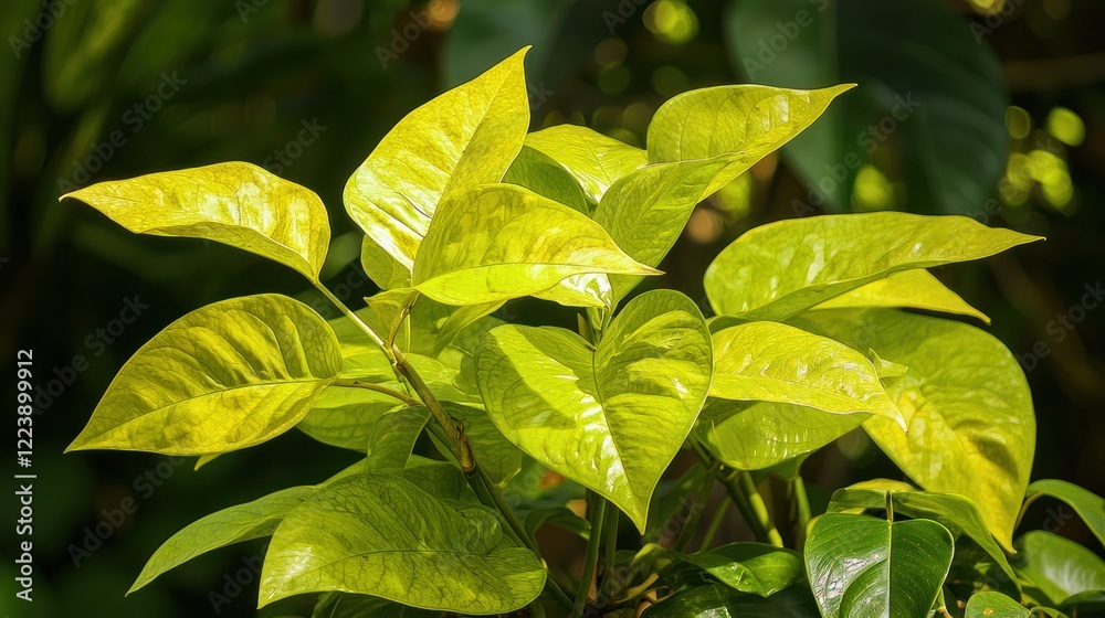 A tropical plant with large, glossy green leaves reaching toward the sunlight