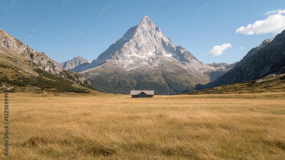 Mountain hut in alpine meadow, majestic peak backdrop, sunny day, travel poster Mountain hut in alpine meadow, majestic peak backdrop, sunny day, travel poster