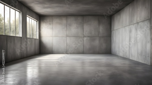 Empty, minimalist concrete room with large windows and polished floor, ideal for product placement or architectural visualization.