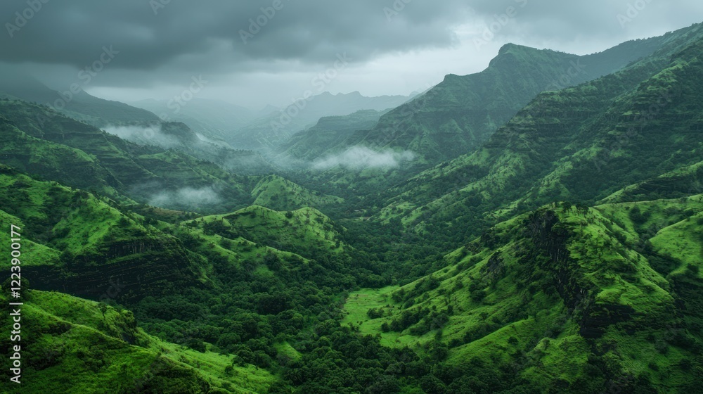 A vast mountain range with lush green valleys and misty peaks in the distance