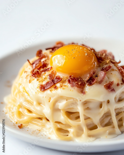 Delicious pasta topped with a creamy sauce, crispy bacon, and a perfectly cooked egg yolk.