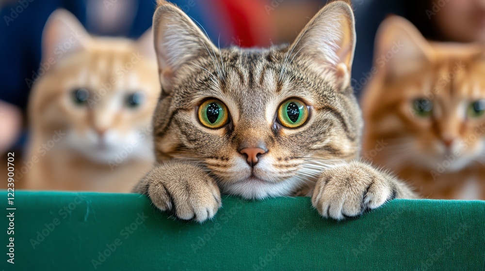 Curious Tabby Cat with Green Eyes in Focus Surrounded by Others Curious Tabby Cat with Green Eyes in Focus Surrounded by Others