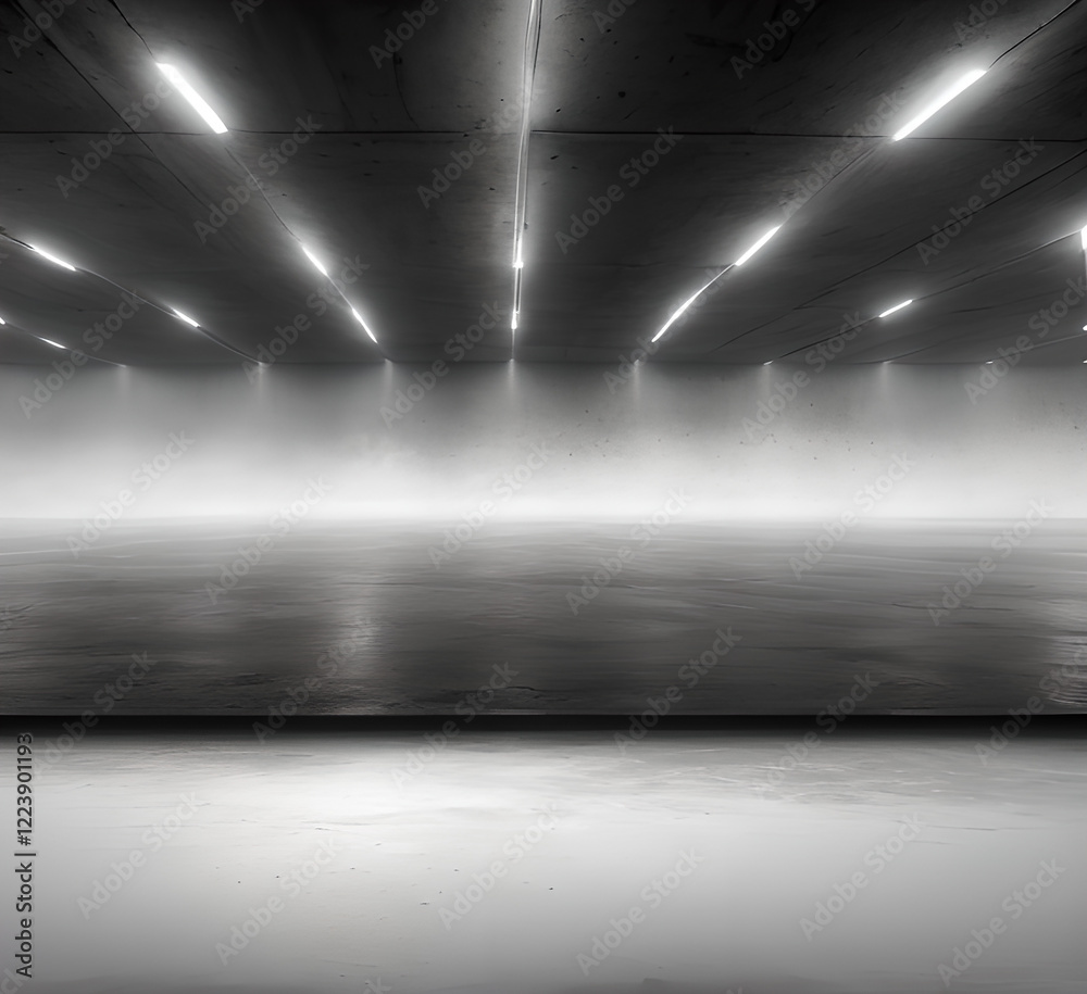 Obraz premium Empty room interiors with gray wall Studio Concrete background and floor Cement shelf, well edit mounting displays and text present.generative ai