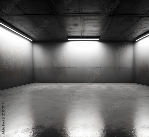 Empty room interiors with gray wall Studio Concrete background and floor Cement shelf, well edit mounting displays and text present.generative ai