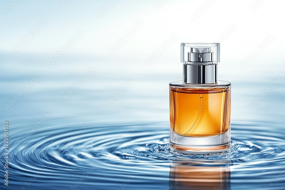 Bottle of perfume is floating on the surface of a body of water Bottle of perfume is floating on the surface of a body of water