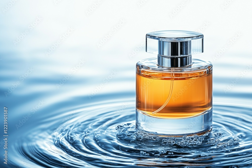 Bottle of perfume is floating on top of a wave of water Bottle of perfume is floating on top of a wave of water