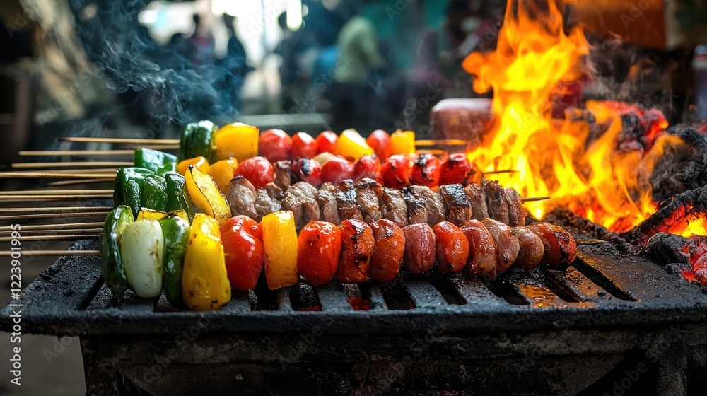 Barbecue skewers with vegetables and meat cooking on a fiery grill
