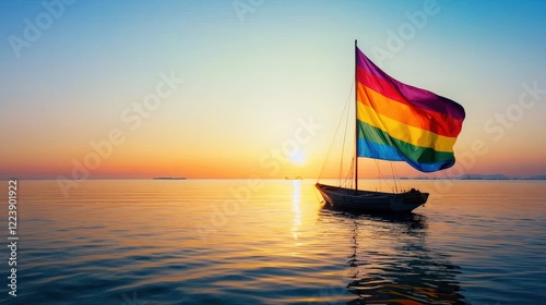 A pride flag being hoisted on a sailboat in a serene harbor.