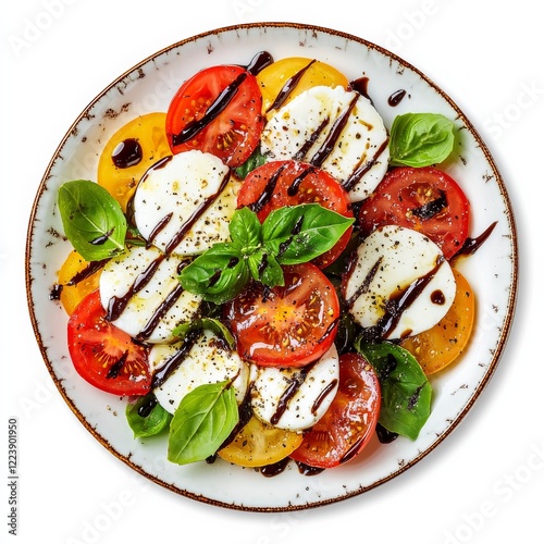 A colorful plate of Italian caprese salad with fresh basil and balsamic drizzle, isolated white background, abstract art style