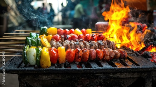 Obraz na płótnie Barbecue skewers with vegetables and meat cooking on a fiery grill w salonie