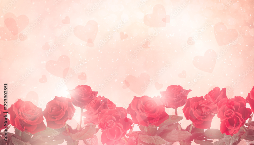 Φωτογραφία Valentine's Day card with red roses bouquet on abstract background with heart shape bokeh and copy space, holiday wide banner with empty place