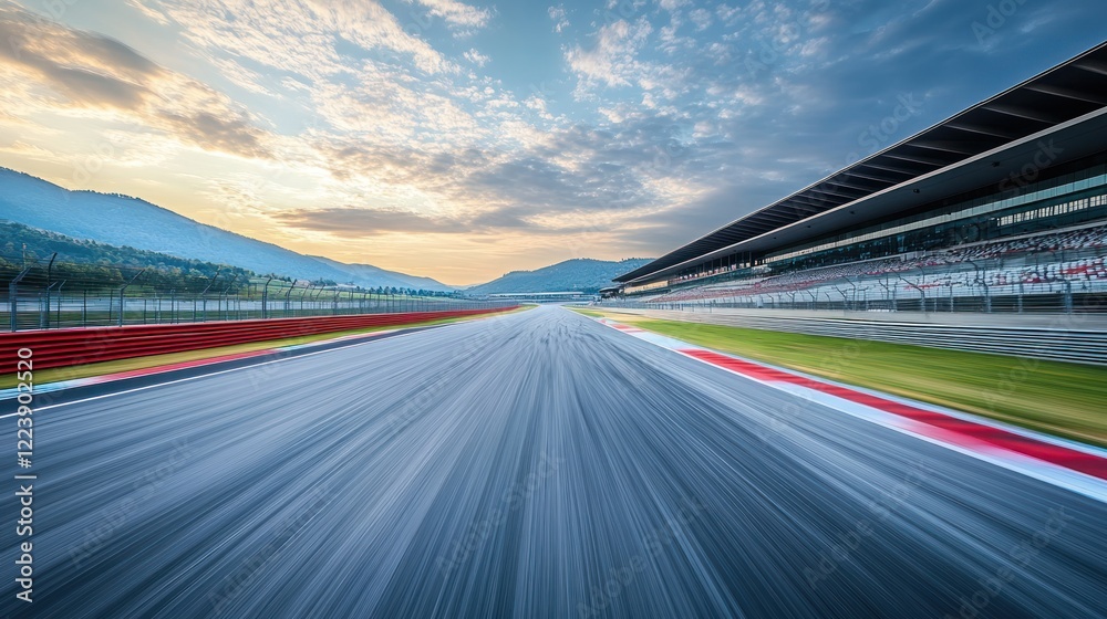 Obraz premium Race track asphalt road with motion blur effect at sunset.