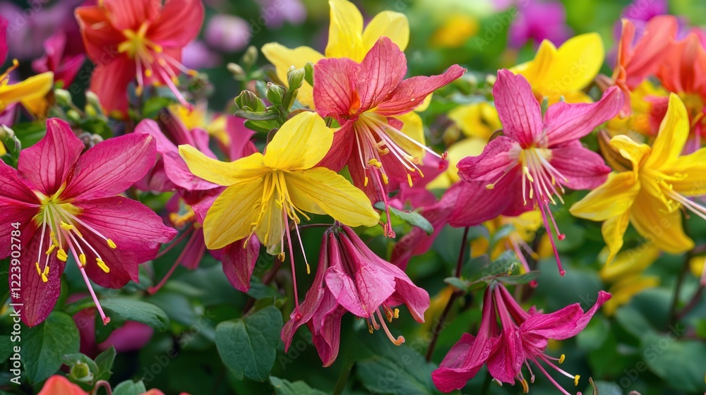 Close-up of bright, beautiful flowers with petals in shades of red, yellow, and pink