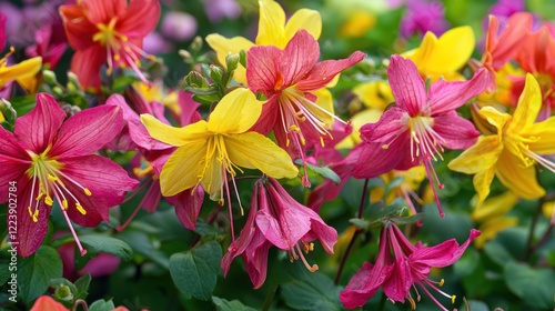Obraz na płótnie Close-up of bright, beautiful flowers with petals in shades of red, yellow, and pink w salonie