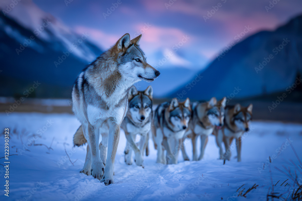 Naklejka premium Wolves trekking through a snowy mountain pass at twilight.