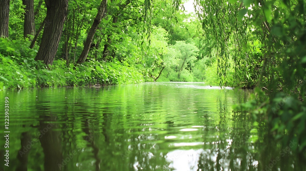 Calm river flowing through lush green forest. Nature scene, peaceful background Calm river flowing through lush green forest. Nature scene, peaceful background