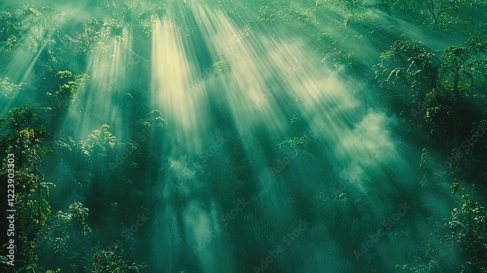 Obraz premium Sunbeams piercing through misty, lush green forest canopy.