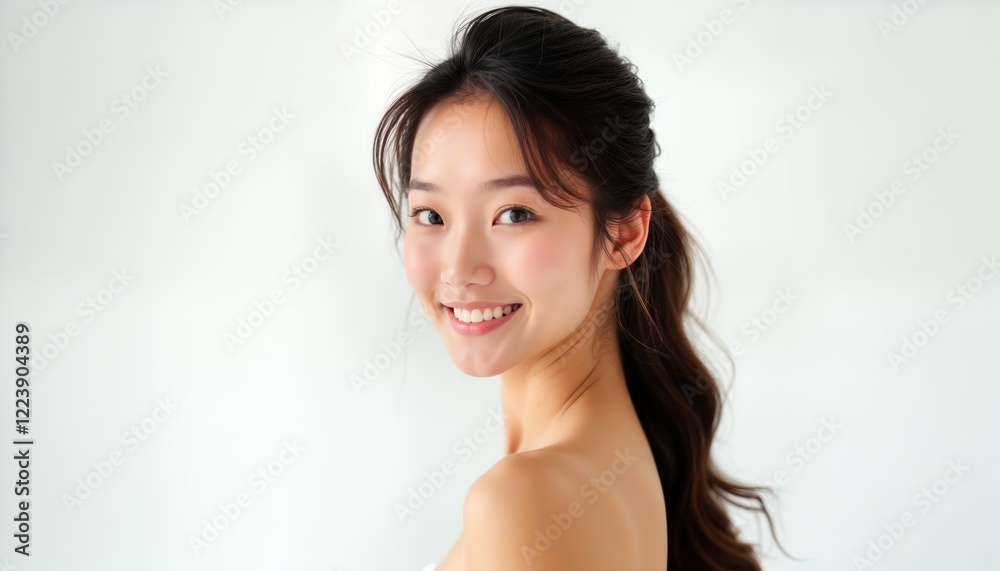 Attractive young Asian woman poses happily for beauty, spa photo shoot. Looks directly at camera with beautiful smile. Skin looks healthy, natural. Portrait shot against plain white background Attractive young Asian woman poses happily for beauty, spa photo shoot. Looks directly at camera with beautiful smile. Skin looks healthy, natural. Portrait shot against plain white background
