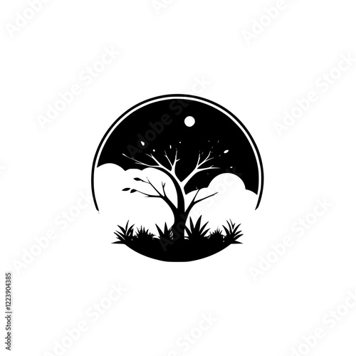 Night Landscape: A Minimalist Tree Silhouette Under the Moon.  A simple, elegant design featuring a solitary tree against a night sky, perfect for nature lovers and minimalist art enthusiasts.