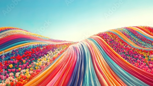 Vibrant rainbow ribbons flow over a field of colorful tulips under a bright blue sky.