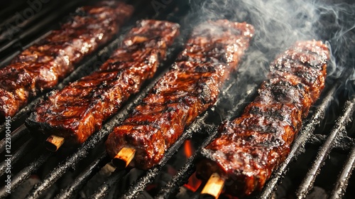 Obraz na płótnie Grilled barbecue skewers on the grill, with smoke rising and the meat sizzling w salonie