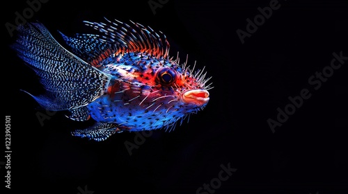 Vibrant red and blue pufferfish against a black background. photo