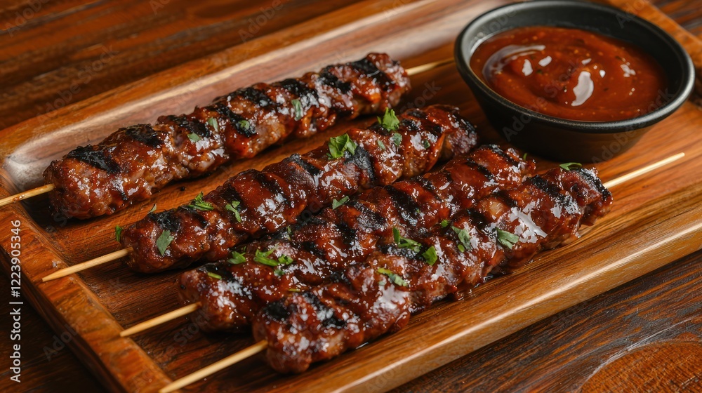Grilled barbecue skewers served on a wooden platter with a side of dipping sauce
