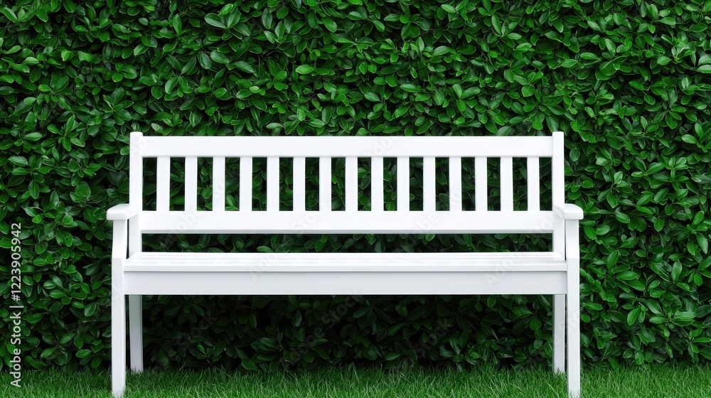 White park bench against green hedge. Relaxation, nature, serenity, outdoor scene White park bench against green hedge. Relaxation, nature, serenity, outdoor scene